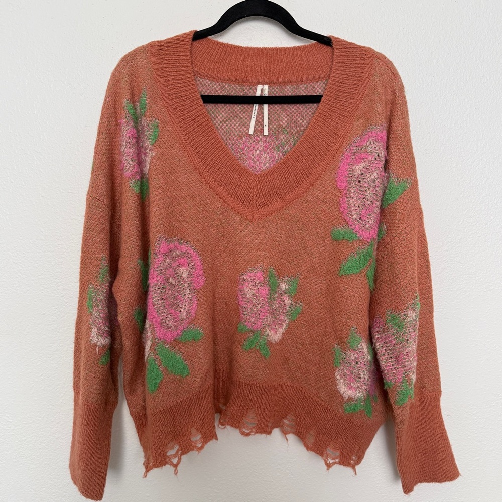 Anthropologie Drop Shoulder Floral Rose V-Neck Sweater - Picture 5 of 14